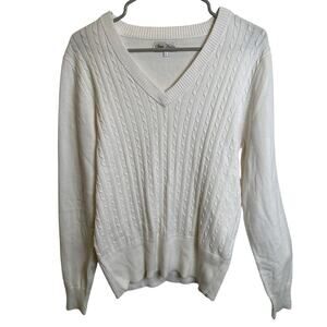 VTG Sport Haley V Neck White Cable Knit Sweater Women LG Minimalist Layering Y2K
